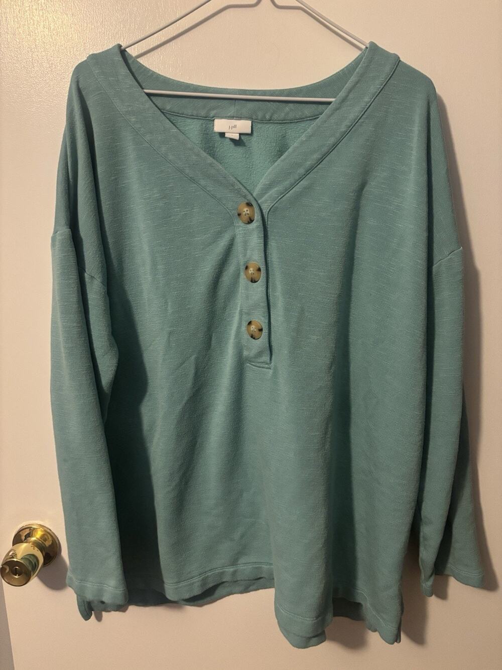 J.Jill Teal Green Long Sleeve Henley Tunic Top Boho Casual Button Front Large